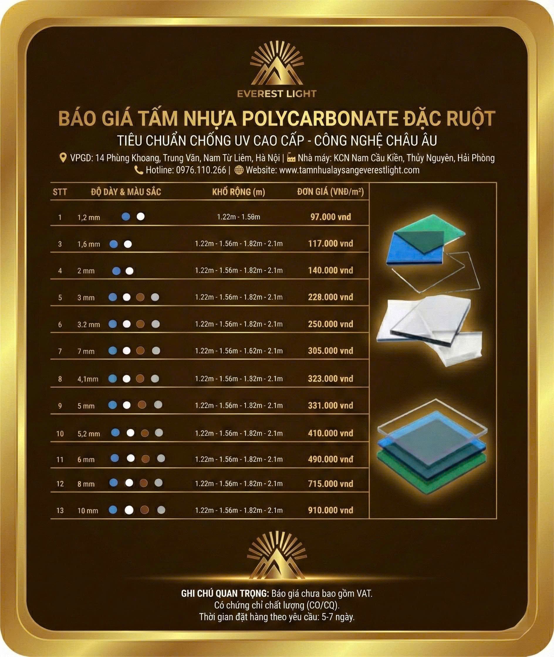 Bảng giá tấm Polycarbonate đặc Everest Light